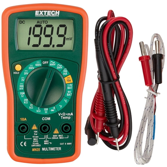 Extech Digital Manual Ranging Multimeter, AC & DC Voltage to 600V, DC Current to 10A (MN35)