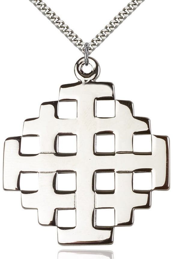 Extra Large Sterling Silver Jerusalem Cross Pendant with 24" chain, Made in USA