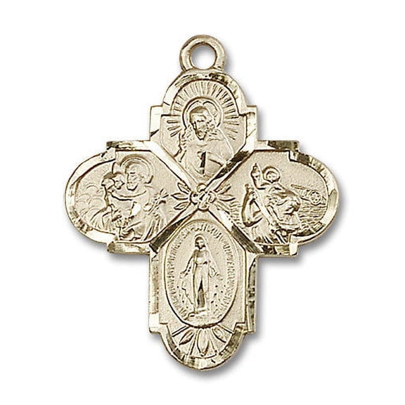 Extel Large 14kt Gold Filled Traditional Catholic 4-Way Cross Cruciform Medal with Miraculous Medal, St. Joseph, St. Christopher and Sacred Heart, Made in USA