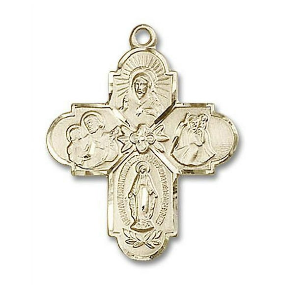 Large 14kt Gold Filled Traditional Catholic 4-Way Cross Cruciform Medal with Miraculous Medal, St. Joseph, St. Christopher and Sacred Heart, Made in USA