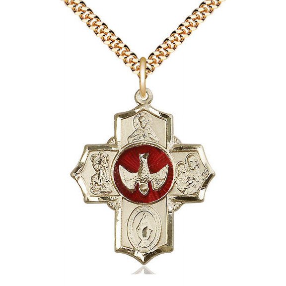 Extel Large 14kt Gold Filled Traditional Catholic 5-Way Cross Cruciform Pendant with 24" chain with Miraculous Medal, St. Joseph, St. Christopher and Sacred Heart, Made in USA