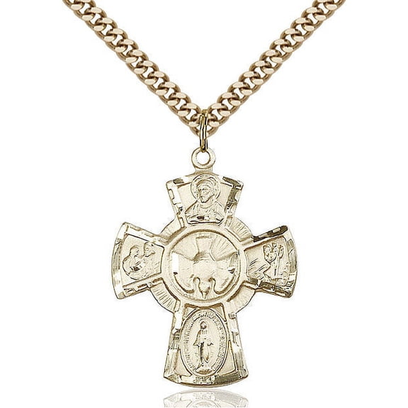 Extel Large 14kt Gold Filled Traditional Catholic 5-Way Cross Cruciform Pendant with 24" chain with Miraculous Medal, St. Joseph, St. Christopher and Sacred Heart, Made in USA