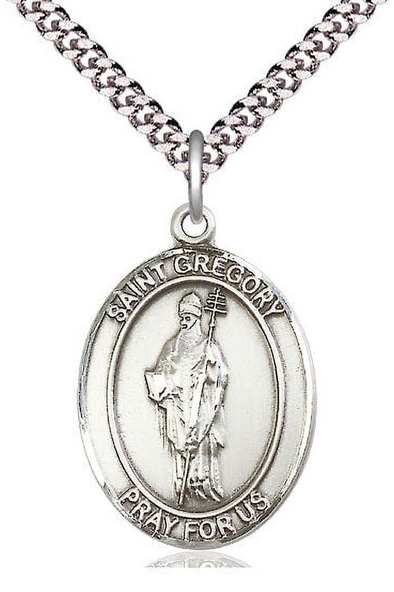 Large Oval Pewter St. Gregory the Great Pendant with 24" chain, Made in USA