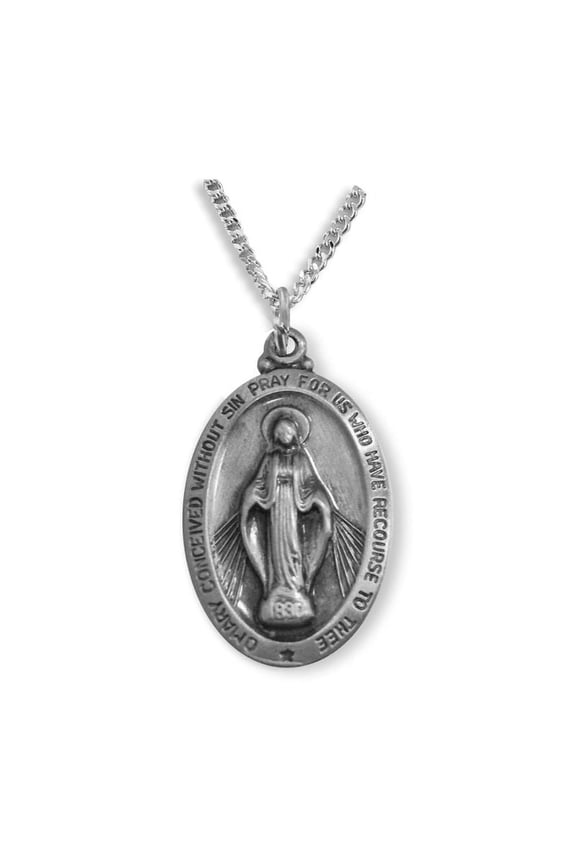 Large Pewter Antiqued Oval Miraculous Medal Pendant for Men Women with 24" chain