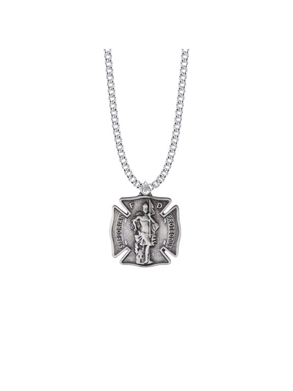 Large Pewter St.Florian Shield Medal Pendant, Patron Saint of Firefighters for Men with 24" chain