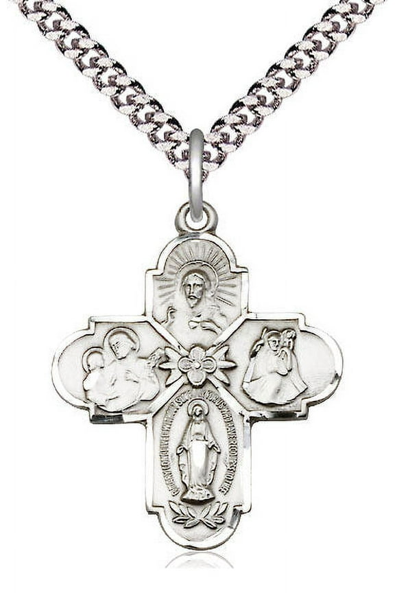 Large Pewter Traditional Catholic 4-Way Cross Cruciform Pendant with 24" chain with Miraculous Medal, St. Joseph, St. Christopher and Sacred Heart, Made in USA