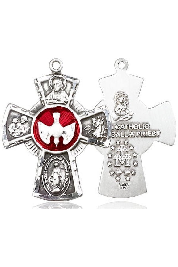 Large Pewter Traditional Catholic 5-Way Cross Cruciform Medal with Miraculous Medal, St. Joseph, St. Christopher and Sacred Heart, Made in USA