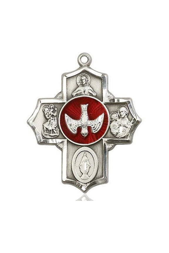 Large Pewter Traditional Catholic 5-Way Cross Cruciform Medal with Miraculous Medal, St. Joseph, St. Christopher and Sacred Heart, Made in USA