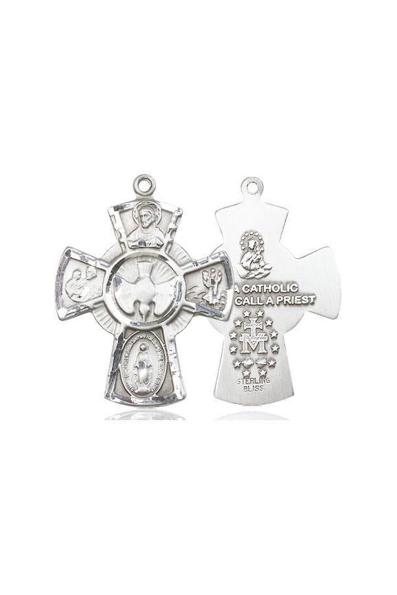 Large Pewter Traditional Catholic 5-Way Cross Cruciform Medal with Miraculous Medal, St. Joseph, St. Christopher and Sacred Heart, Made in USA