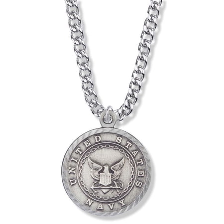 Extel Large Round Pewter U.S. Navy Medal Pendant with Cross and Philippians 4:13 on the Back for Men Women with 24" chain