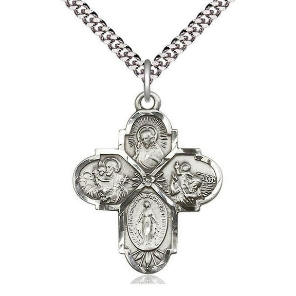 Extel Large Silver Filled Traditional Catholic 4-Way Cross Cruciform Pendant with 24" chain with Miraculous Medal, St. Joseph, St. Christopher and Sacred Heart, Made in USA
