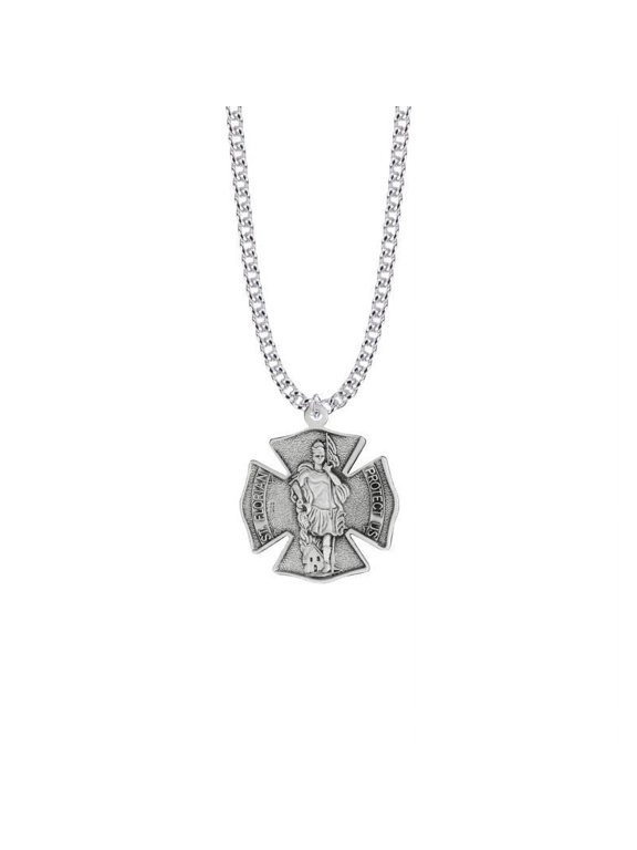 Large Sterling Silver Firefighter Shield Medal Pendant with St. Florian on Back, Patron Saint of Firefighters for Men with 24" chain