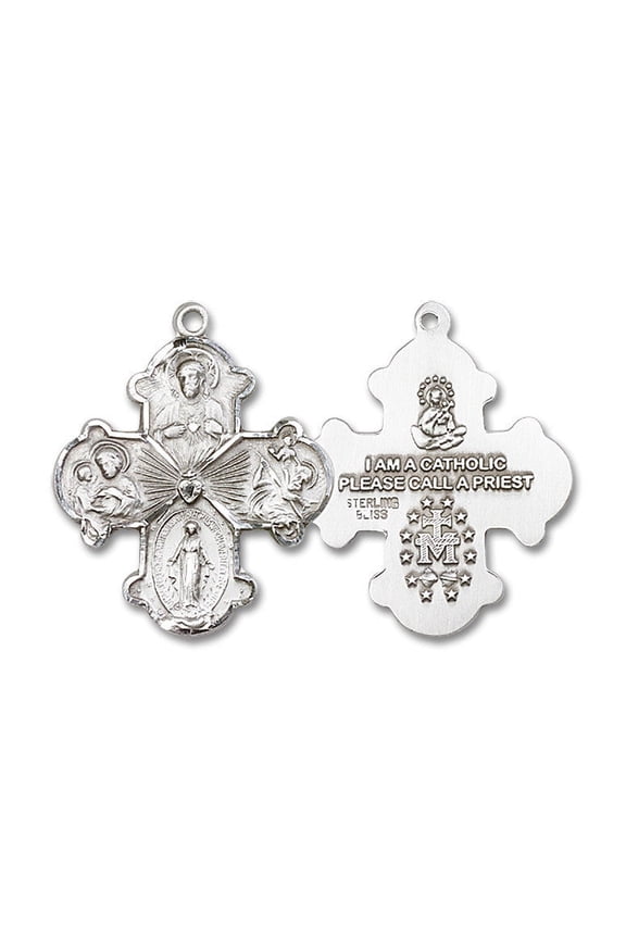 Large Sterling Silver Traditional Catholic 4-Way Cross Cruciform Medal with Miraculous Medal, St. Joseph, St. Christopher and Sacred Heart, Made in USA