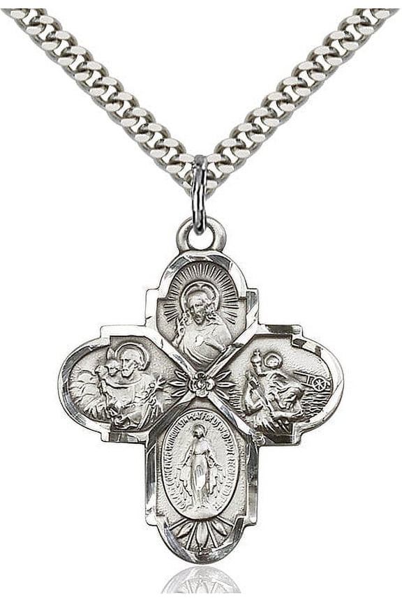 Large Sterling Silver Traditional Catholic 4-Way Cross Cruciform Pendant with 24" chain with Miraculous Medal, St. Joseph, St. Christopher and Sacred Heart, Made in USA