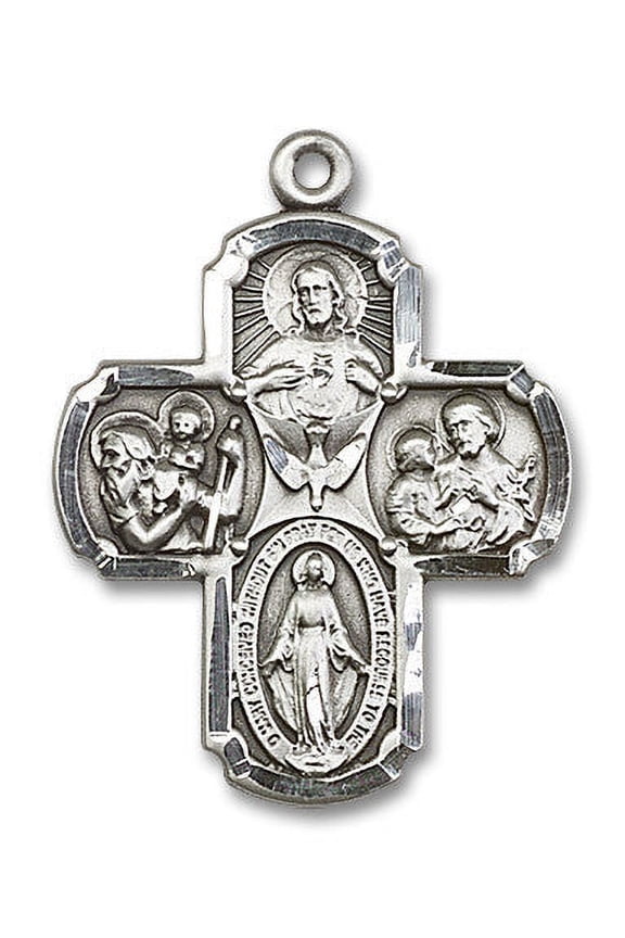 Large Sterling Silver Traditional Catholic 5-Way Cross Cruciform Medal with Miraculous Medal, St. Joseph, St. Christopher and Sacred Heart, Made in USA