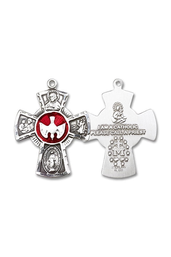 Large Sterling Silver Traditional Catholic 5-Way Cross Cruciform Medal with Miraculous Medal, St. Joseph, St. Christopher and Sacred Heart, Made in USA