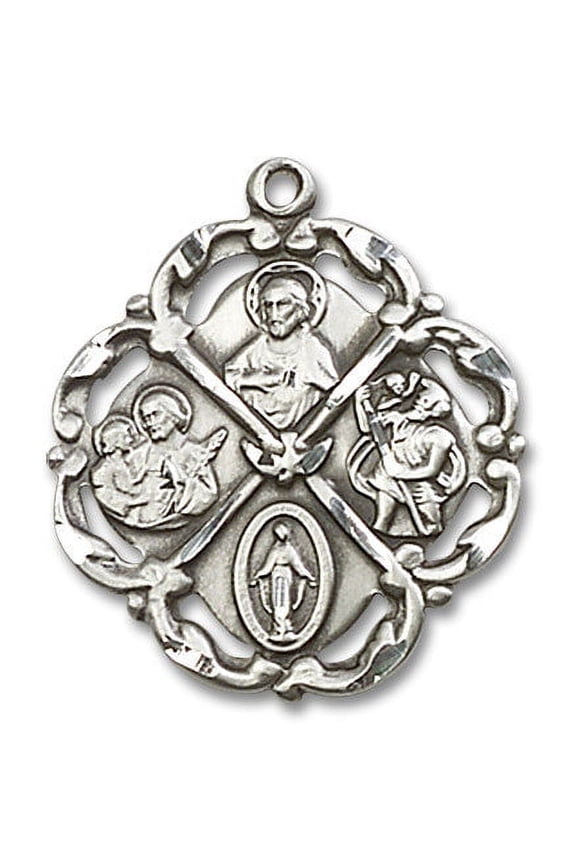 Large Sterling Silver Traditional Catholic 5-Way Cross Cruciform Medal with Miraculous Medal, St. Joseph, St. Christopher and Sacred Heart, Made in USA