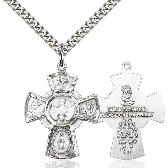 Extel Large Sterling Silver Traditional Catholic 5-Way Cross Cruciform Pendant with 24" chain with Miraculous Medal, St. Joseph, St. Christopher and Sacred Heart, Made in USA