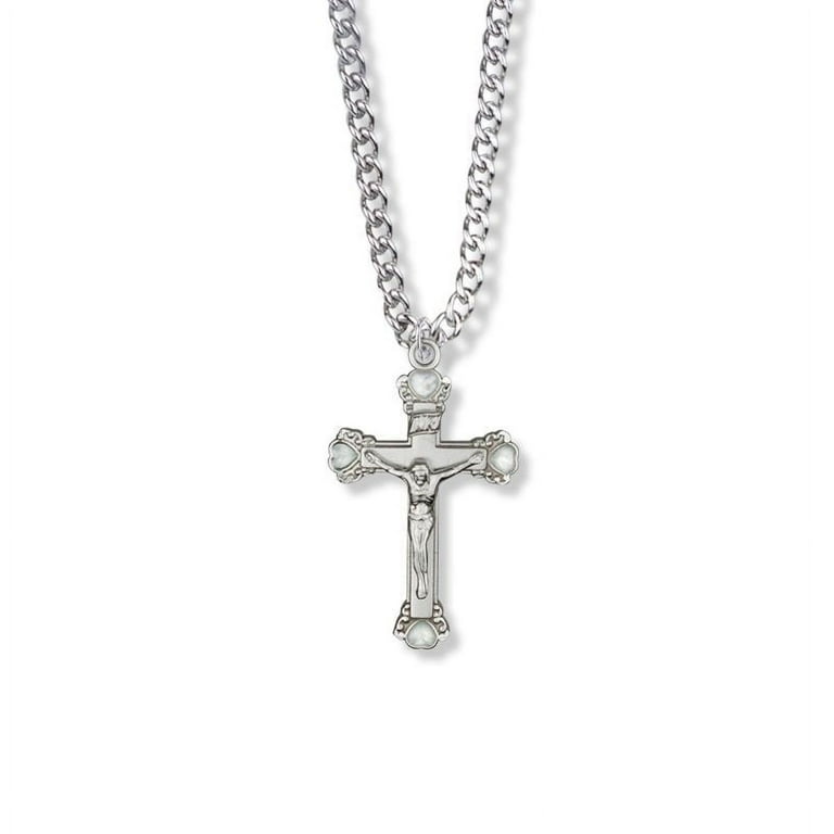 Extel Large Sterling Silver White Pearl Crucifix Pendant for Women with 18
