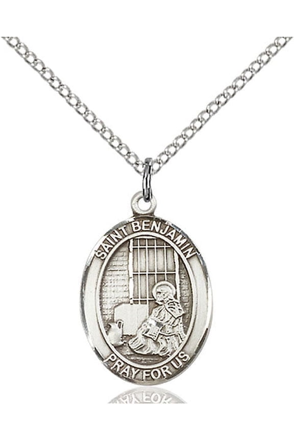Medium Oval Sterling Silver St. Benjamin Pendant with 18" chain, Made in USA