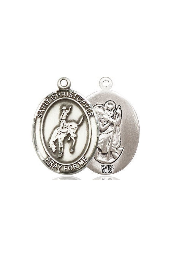 Medium Pewter St. Christopher Rodeo Medal Pendant Necklace Charm for Rodeo Cowboy Cowgirl Bull Rider