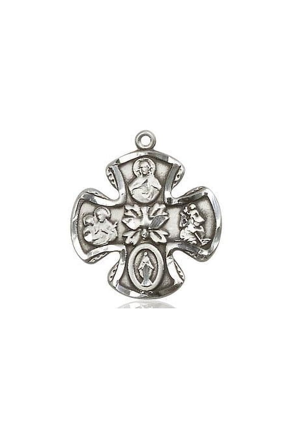 Medium Pewter Traditional Catholic 5-Way Cross Cruciform Medal with Miraculous Medal, St. Joseph, St. Christopher and Sacred Heart, Made in USA