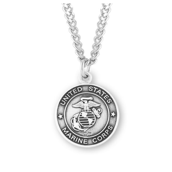 Extel Medium Sterling Silver Marines Medal Pendant Necklace with St. Christopher on Reverse Side for Men Women with 24" Rhodium Plated Endless Curb Chain