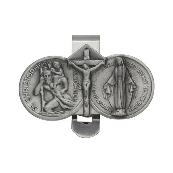 Extel Pewter Crucifix with St. Christopher and Miraculous Mary Sun Visor Clip for Men Women Car Truck