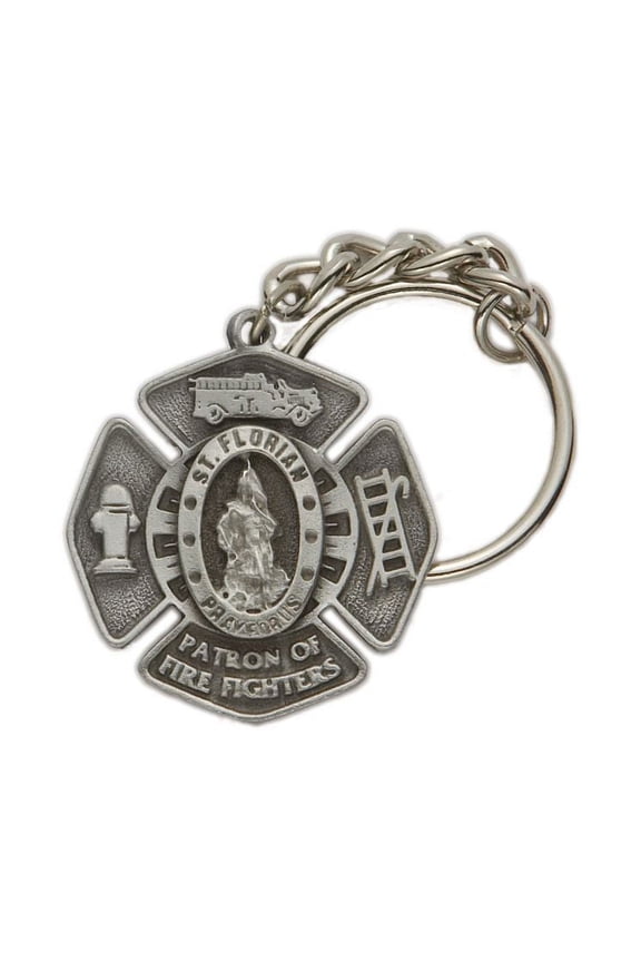 Pewter St. Florian, Patron Saint of Fire Fighters Maltese Cross Key Chain