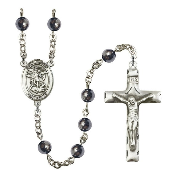 Extel Saint Michael the Archangel Catholic Rosary Beads for Men, Made in USA Metal Type: Silver Plate, Catholic Sacramental/Devotion: St. Michael the Archangel, Color: Hematite