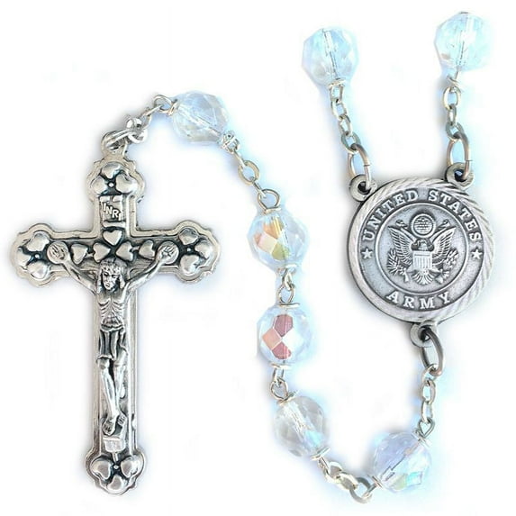 Extel Soldier of God Military Rosary 7mm Round Crystal Glass Beads Rosary with Crucifix and U.S. Army Centerpiece