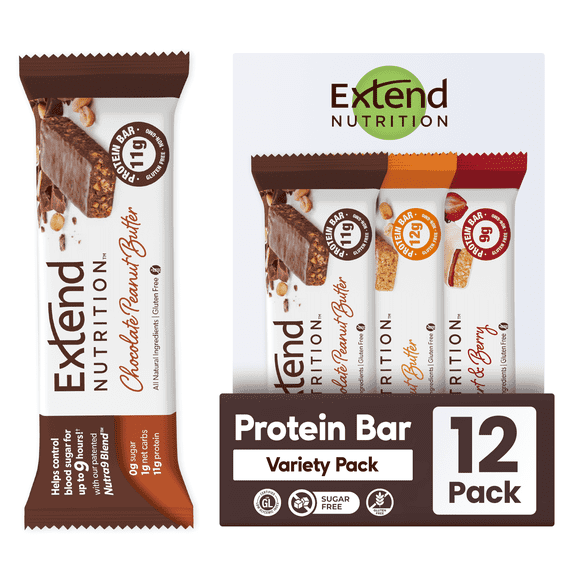 Extend Bar Protein Bars, Diet Nutrition Energy Fiber, 4 Flavor Variety Pack, 12 Count