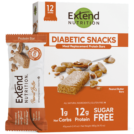 Extend Bar Protein Bars for Diabetes, Peanut Butter, 12 Count