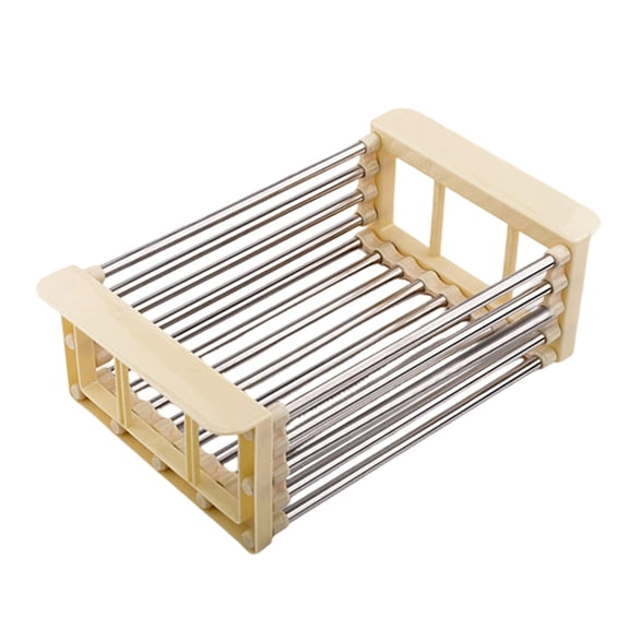 Extend Kitchen Sink Drain Basket, Adjustable Dish Drying Rack with Stainless Steel Drain Basket, in Sink Dish Drying Rack Portable & Telescopic Space-Saving for Fruit, Vegetable, Beige, Small Size