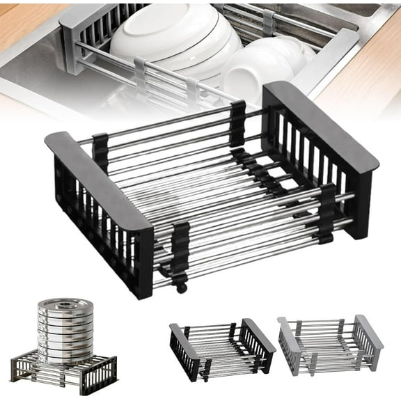 Extend Kitchen Sink Drain Basket, Stainless Steel Retractable Sink Rack, Portable & Telescopic Kitchen Sinks Accessories, Multi-functional Extender Basket for Vegetables, Fruits, And Dishes(Black)