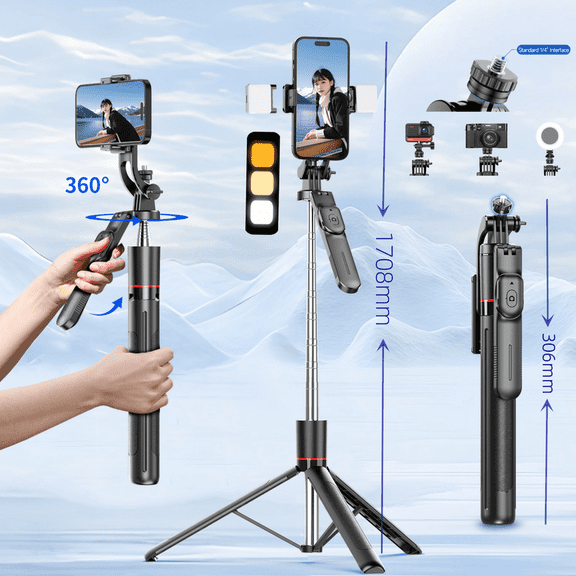 Extendable 1708mm Selfie Stick Tripod with Fill Light & Detachable Bluetooth Remote, 360 °   Rotatable Phone & Camera Mount Stand for Vlog Live Streaming Outdoor Travel Photography