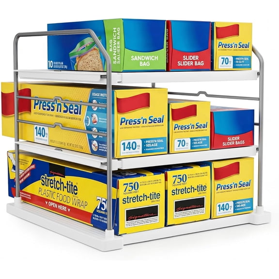 Extendable 3-Tier Kitchen Cabinet and Pantry Organizer for Plastic Wrap Foil Storage Bags Jars and Snack Boxes Adjustable Heavy Duty Shelf Rack 1116.7 in Wide Pack of 2