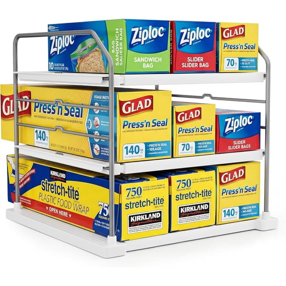 Extendable 3-Tier Kitchen Cabinet & Pantry Orr for Plastic Wrap, Foil & Storage Bags, Adjustable Heavy Duty Shelf Rack for Wrap Boxes, Jars & Snack Boxes (1116.7 in Wide), Pack of 1