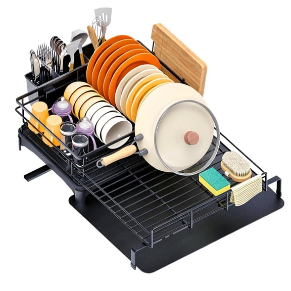 Extendable 4-in-1 Dish Drying Rack Black Large Capacity Modular Kitchen Organizer