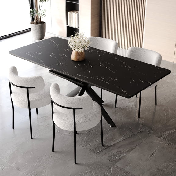 Extendable 62.4" - 78.15" Dining Table . Tabletop, Metal Leg. Armless Cushioned Chair. Modern Table. , Leg Frame. Upholstered