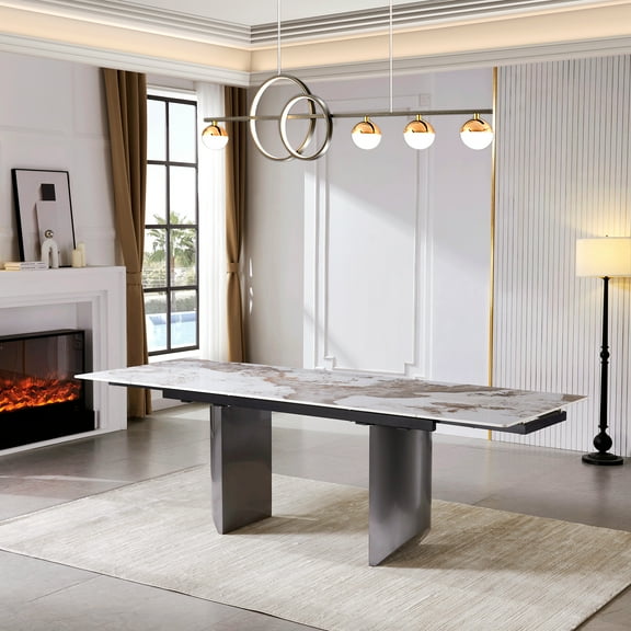 siu want Expandable Rectangle Dining Table, Sintered Stone Top, Stainless Steel Legs, Seats 6-10
