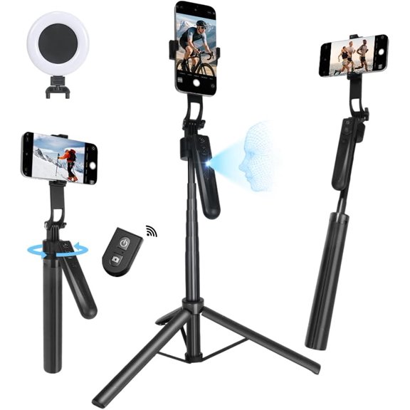 Extendable Auto Face Tracking Tripod for iPhone with light, No App, 360 Rotation selfie stick iPhone/Android, Phone Remote Control TikTok, Live Streaming, Vlogging,Video Recording