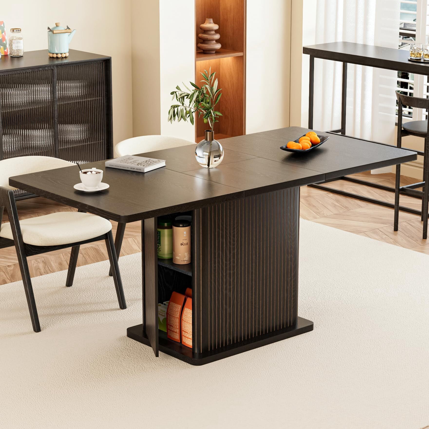 Extendable Black Dining Table 47-65", Seats 4-6, Fluted Wood Kitchen Table with Storage, Mid Century Modern, Black