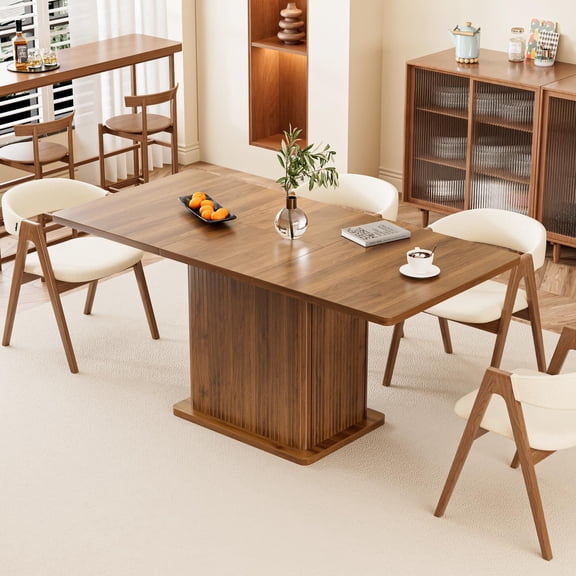 Extendable Black Dining Table 47-65", Seats 4-6, Fluted Wood Kitchen Table with Storage, Mid Century Modern, Walnut