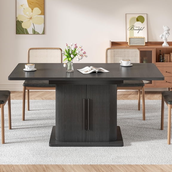 Extendable Black Dining Table 47-65", Seats 4-6, Fluted Wood Kitchen Table with Storage, Sliding Doors, Space Saving, Black