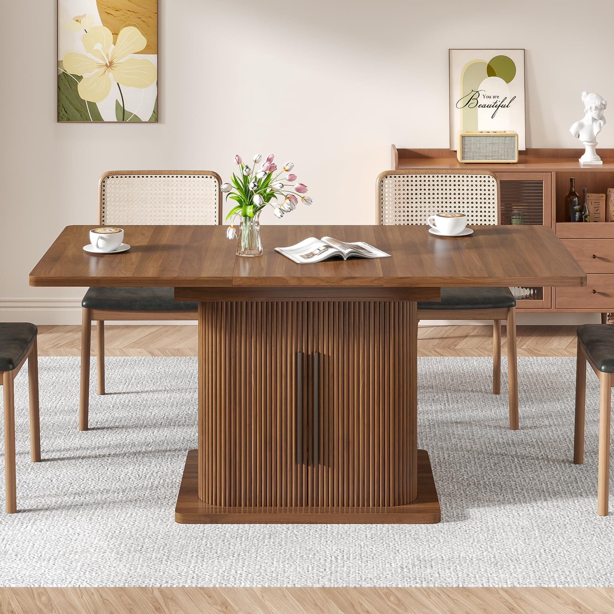 Extendable Black Dining Table 47-65", Seats 4-6, Fluted Wood Kitchen Table with Storage, Sliding Doors, Space Saving, Walnut