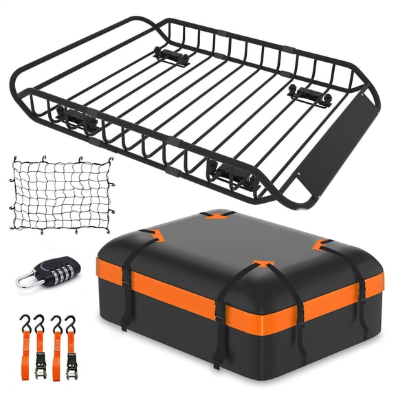 Extendable Black Roof Rack Cargo Basket 50 Inches with Waterproof Cargo Bag and Net for SUVs and Trucks