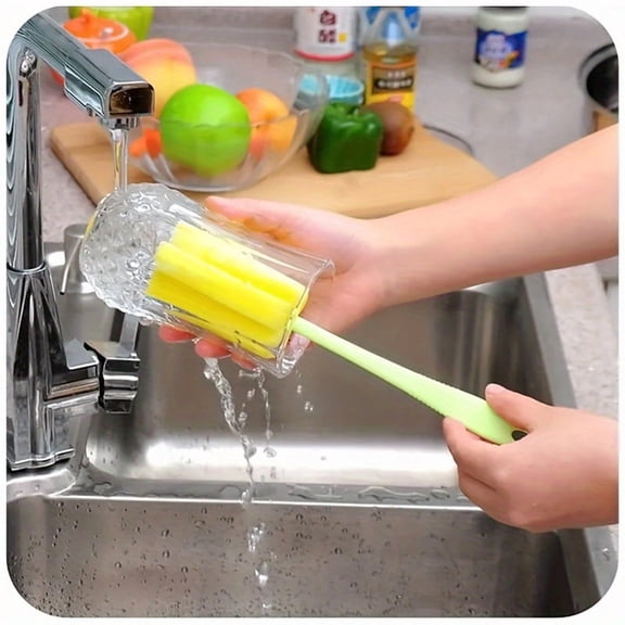 Extendable Bottle Cleaning Brush, Soft Non-Scratch Foam Head Kitchen Scrubber, Ergonomic Long Handle Deep Cleaner for Bottles, Tumblers, Mugs & Glassware