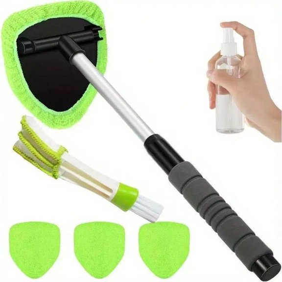 Extendable Car Windshield Cleaning Tool Kit with 3 Microfiber Pads & Spray Bottle, Auto Window Interior Cleaner, 1 Set