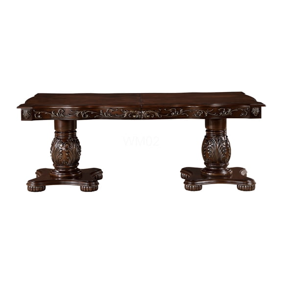 Extendable Cherry Finish Dining Table with Gold Accents, Double Pedestal Base for Elegant Dining Room
